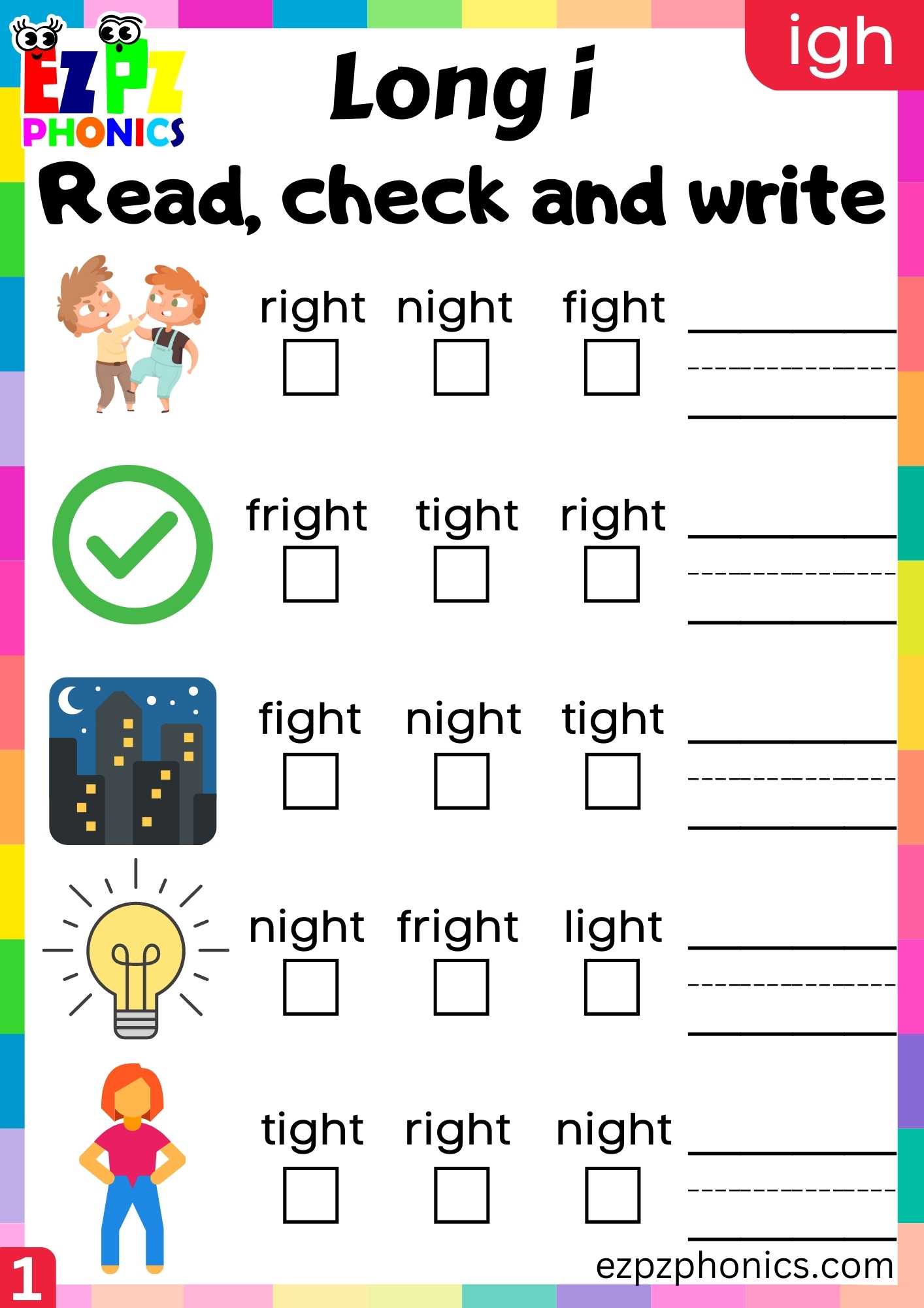 IGH Words Read, Check And Write Long I Phonics Worksheet